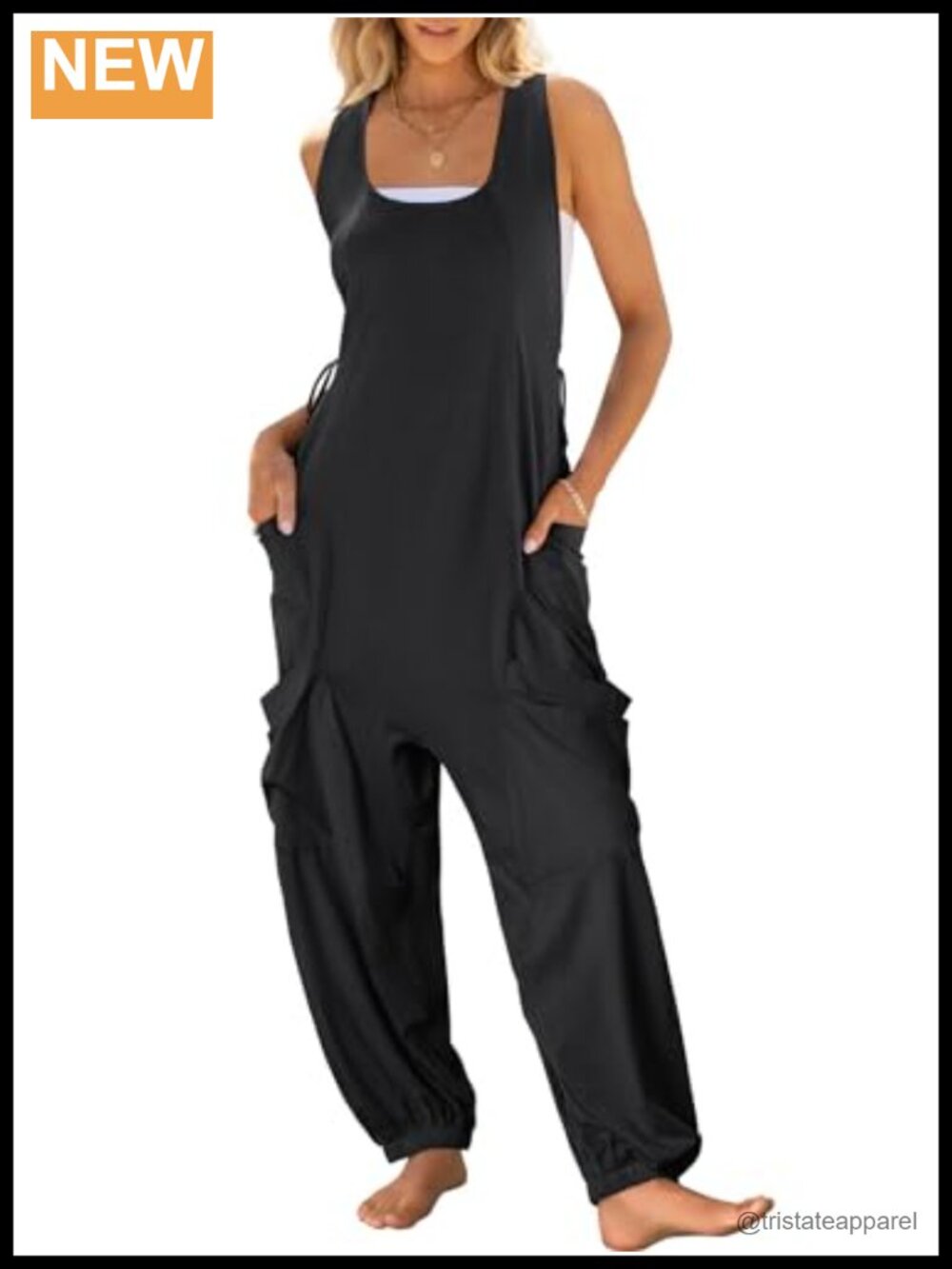 Sleeveless Scoop Neck Jumpsuit with Pockets and Adjustable Waist Loose Fit
